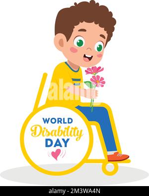 Illustration of a boy in a wheelchair holding a flower gifted to him on the International world disability day.International Day of Persons Disability Stock Vector