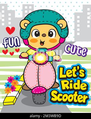 Cute bear riding scooter cartoon for kids t shirt design Stock Vector