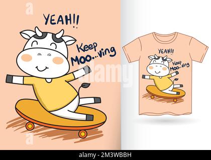 Cute cow skateboarding cartoon for kids t shirt with template Stock Vector