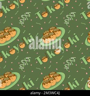 Asian dish - takoyaki. Octopus balls. Japanese kitchen. Cute character. Seamless doodle illustration. Fabric design, wrapping paper or background Stock Vector