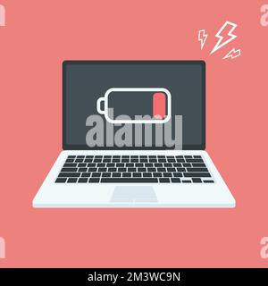 Laptop computer with low battery sign on screen, vector flat illustration Stock Vector