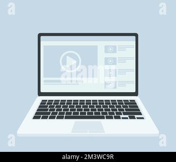 Modern laptop with video player on screen. Online video, watch movies, educational materials, web courses concepts. Long shadow flat design. Vector il Stock Vector