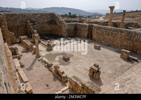Byzantine Church of Saints Cosmas and Damianus in Gerasa, Jerash, Jordan, a City of the Roman Decapolis with Mosaic Floor Stock Photo