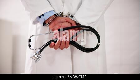 Close-up Of Doctor Hands With Stethoscope In Handcuffs Stock Photo