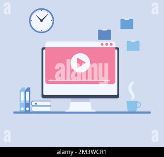 Modern workplace and working on computer with video player on screen. Online video, watch movies, educational materials, web courses concepts. Flat il Stock Vector
