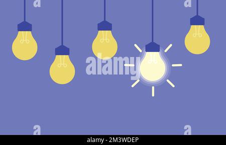Hanging light bulbs with one glowing on a purple background. Concept of idea vector illustration Stock Vector