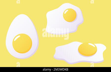 Fried and boiled egg vector illustration. Cartoon chiken boiled eggs with yolk Stock Vector