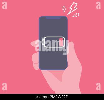 Hand holding smartphone with low battery icon on the screen. Low battery life of mobile phone vector illustration Stock Vector