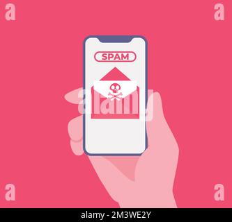 Spam Email Warning Window Appear On phone Screen. Concept of virus, hacking and security. Spam email message distribution, malware spreading virus. Ve Stock Vector
