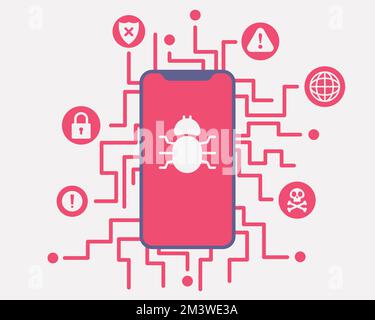 Virus alert message notification on smartphone. Malware and virus notification or error in mobile phone. Red alert warning of spam data, insecure conn Stock Vector