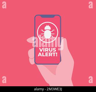 Virus alert message notification on smartphone. Malware and virus notification or error in mobile phone. Red alert warning of spam data, insecure conn Stock Vector