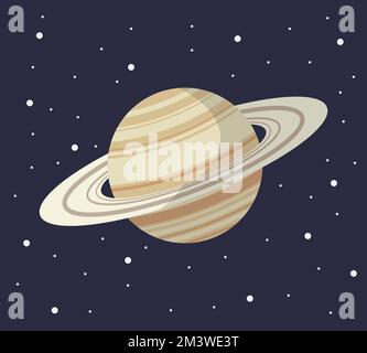 Cartoon solar system planet in flat style. Saturn planet on dark space with stars vector illustration. Stock Vector