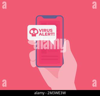 Virus alert message notification on smartphone. Malware and virus notification or error in mobile phone. Red alert warning of spam data, insecure conn Stock Vector