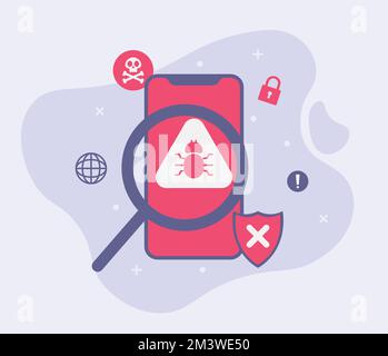 Virus alert message notification on smartphone. Malware and virus notification or error in mobile phone. Red alert warning of spam data, insecure conn Stock Vector