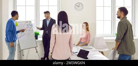 Banner of team leaders make whiteboard presentation Stock Photo