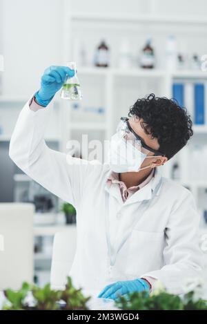 Lets see how were doing here. an attractive young female scientist inspecting a beaker containing a plant and liquid while working in a laboratory. Stock Photo