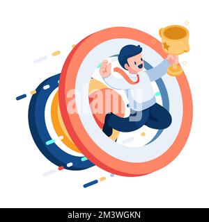 Flat 3d Isometric Business with Winner Trophy and Jumping Through Target. Business Success Concept. Stock Vector