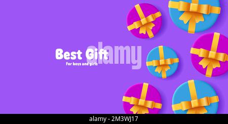 Violet background with round gift boxes and golden ribbons top view cartoon style, blue and pink colors Stock Vector