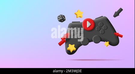 3d illustration of gamepad controller with buttons and dynamic play stars and dice cube, render style Stock Vector