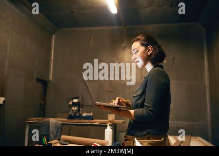 This laptop is making my life easier. an attractive young female carpenter working on her laptop in the workshop. Stock Photo