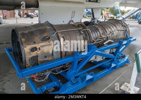 A Rolls Royce/Snecma Olympus 593 jet engine, used on the BAC Concorde (G-BBDG) on display at the Brooklands Museum, Weybridge, Surrey, UK Stock Photo