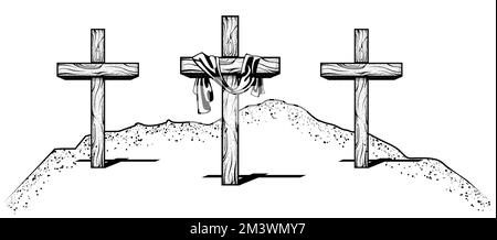 Three crosses with fabric on Golgotha, crucifixion hill in jerusalem, biblical mount Calvary, resurrection, vector Stock Vector