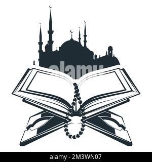 Quran on wooden board stand and mosque building silhouette, open koran and prayer beads, vector Stock Vector