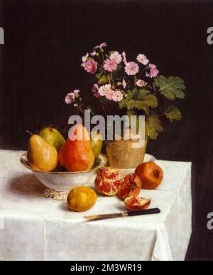 Henri Fantin-Latour, Still life (primroses, pears and pomegranates), painting in oil on canvas, before 1904 Stock Photo