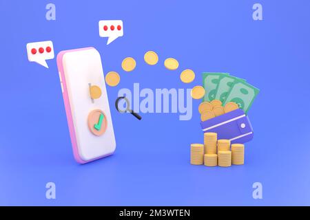 3D. Transfer Spending and Saving Money Online mobile Phone. Business Ideas and Finance. Stock Photo