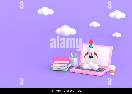 3D. notebook computer education A rocket soared up on sky. Stock Photo