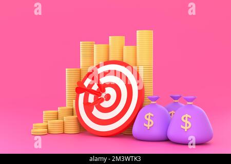 3D. red darts target with a pile of money and a bag of money. financial business concept Stock Photo