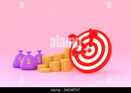 3D. red darts target with a pile of money and a bag of money. financial business concept Stock Photo