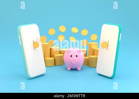 3D. financial transactions How to transfer money online with a smartphone. concept saving Stock Photo