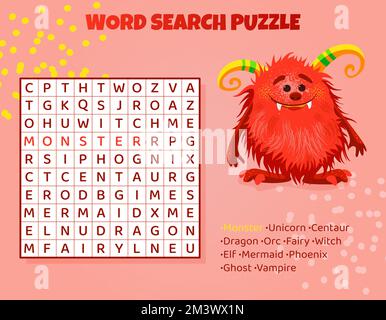 Word search puzzle for kids with mythical animals. Stock Vector