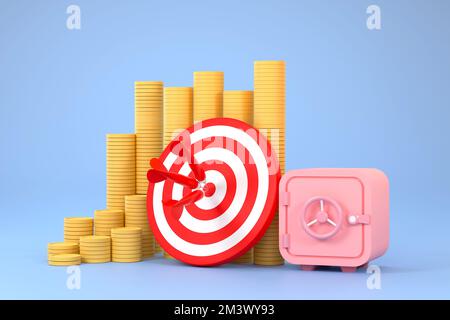 3D. red darts target with a pile of money, safe and a bag of money. financial business concept Stock Photo