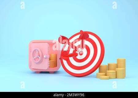 3D. red darts target with a pile of money, safe and a bag of money. financial business concept Stock Photo