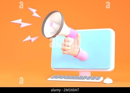 3D. Hand holding megaphone coming out from computer. Digital marketing Stock Photo