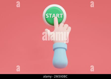 3D. Cartoon hand pressing the green button. system control Stock Photo