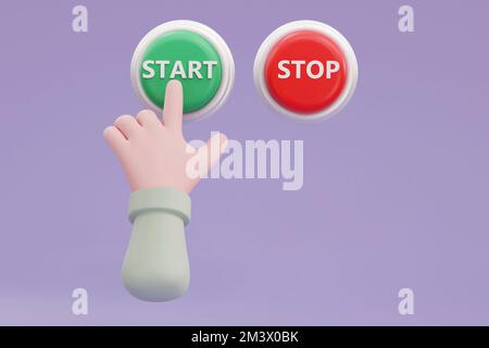 3D. Cartoon hand pressing the green button. system control Stock Photo