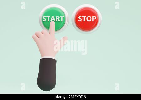 3D. Cartoon hand pressing the green button. system control Stock Photo