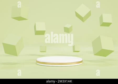 3D. Circular podium and square box in the studio room. Stock Photo