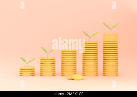 3D. Cartoon Tree on pile of coins are lined up from small to large size shown in the form of a graph. Stock Photo