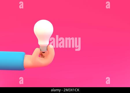 3D Cartoon hand holding lightbulb on purple background. thinking, good idea and business success creative concept Stock Photo