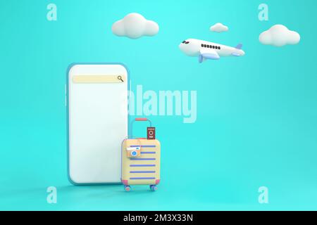 3d . Suitcase, camera with smartphone. travel concept. Stock Photo