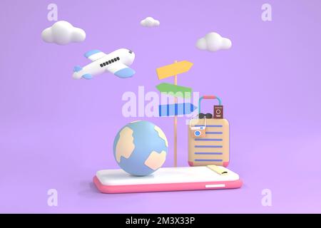 3d . Suitcase, camera with smartphone. travel concept. Stock Photo