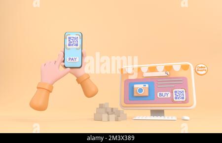 3D. Computer pc with QR code screen buy and hand holding Mobile phone, barcode scanner for pay. Stock Photo