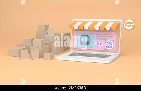 3D. Computer laptop with QR code screen buy. Concept online shopping Stock Photo