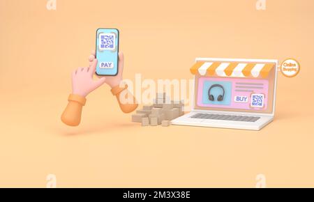 3D. Computer laptop with QR code screen buy. hand holding Mobile phone, barcode scanner for pay. Stock Photo