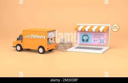 3D. Computer laptop with QR code screen buy and delivery truck. Concept online shopping Stock Photo