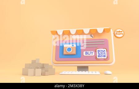 3D. Computer pc with QR code screen buy. Concept online shopping Stock Photo